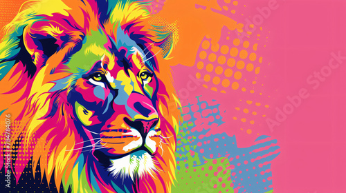 Creative colorful lion king head on pop art style