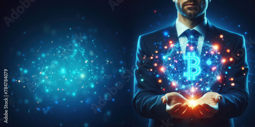 abstract Technology Network connection Background. Businessman holding cryptocurrency in hand with network connection on blue security and digital connection banner