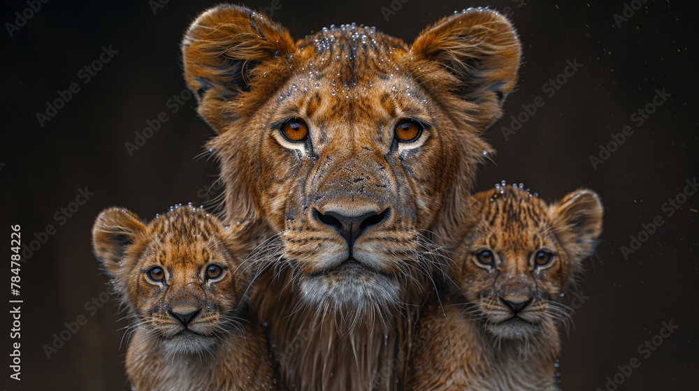 Obraz premium Grey mother lioness and tree baby lions. 