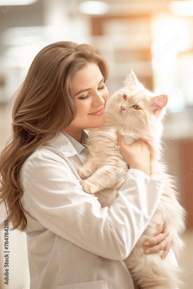 Woman veterinarian idoctor in medical white coat holds a cat in his arms. Veterinarian's day. Woman veterinarian idoctor in medical white coat holds a cat in his arms. Veterinarian's day.