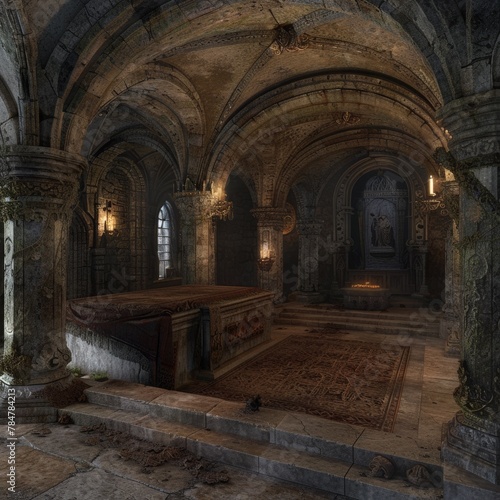 Ancient Castle Crypt Stone Walls Mystery Castle crypt resting place of legends eternal slumber,A dimly lit, ancient crypt with stone walls, arches, and flickering candles evokes a sense of mystery