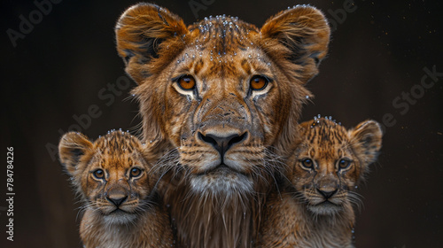 Grey mother lioness and tree baby lions. 