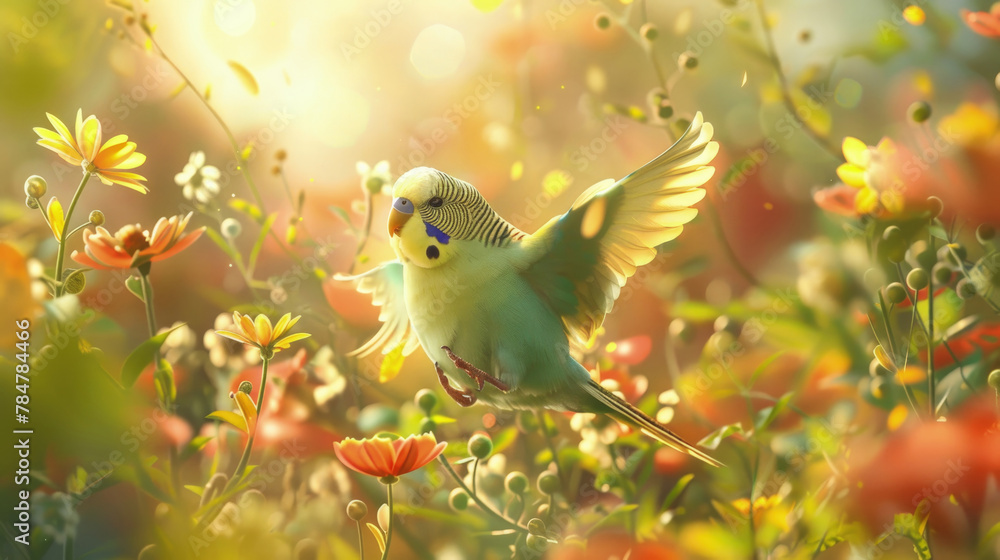 A green bird soars gracefully over a vibrant field of colorful flowers, adding a touch of natures beauty to the scene - obrazy, fototapety, plakaty 