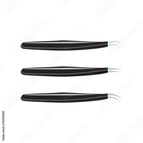 Tweezers set vector illustration. Lashes and brows tools for cosmetics procedures, eyelash extension, staining and curling. Makeup accessoires isolated on transparent background