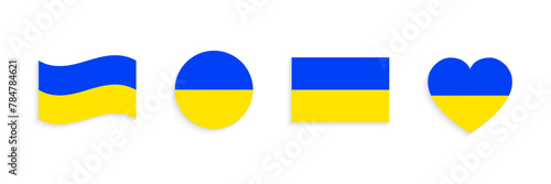 Ukraine flag vector collection. Ukrainian national symbols set. Flat isolated icons in traditional blue and yellow colors. Simple rounded, flagstaff, heart and rectangle shapes. Geometric badges
