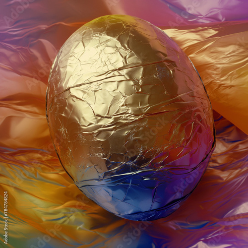 Abstract Easter egg, vibrant foil texture, multicolored backdrop