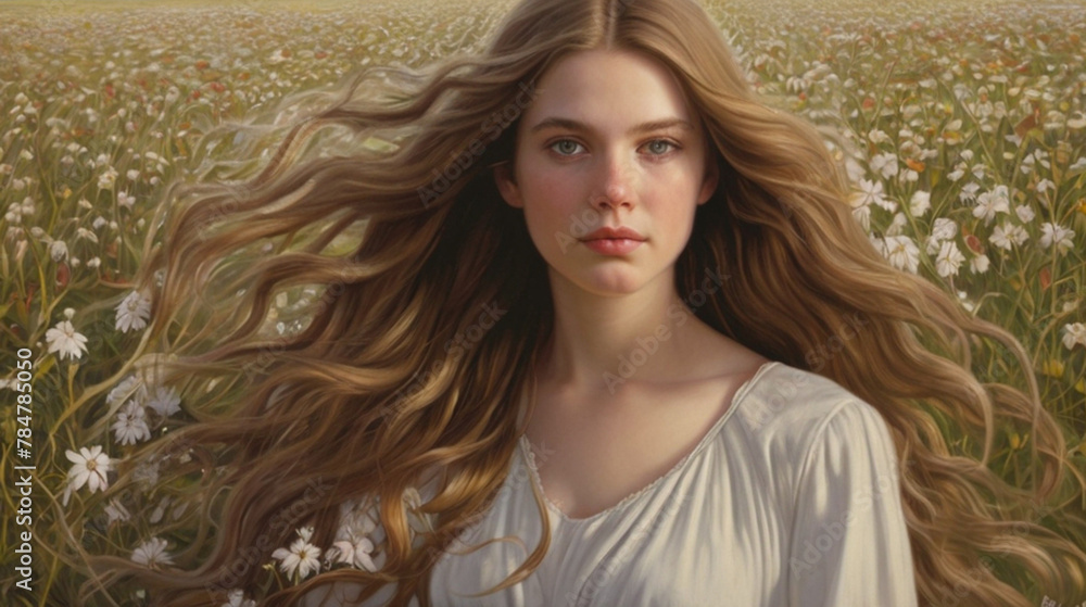 Fototapeta premium Natural beautiful woman with long flowy hair on the meadow full of wildflowers