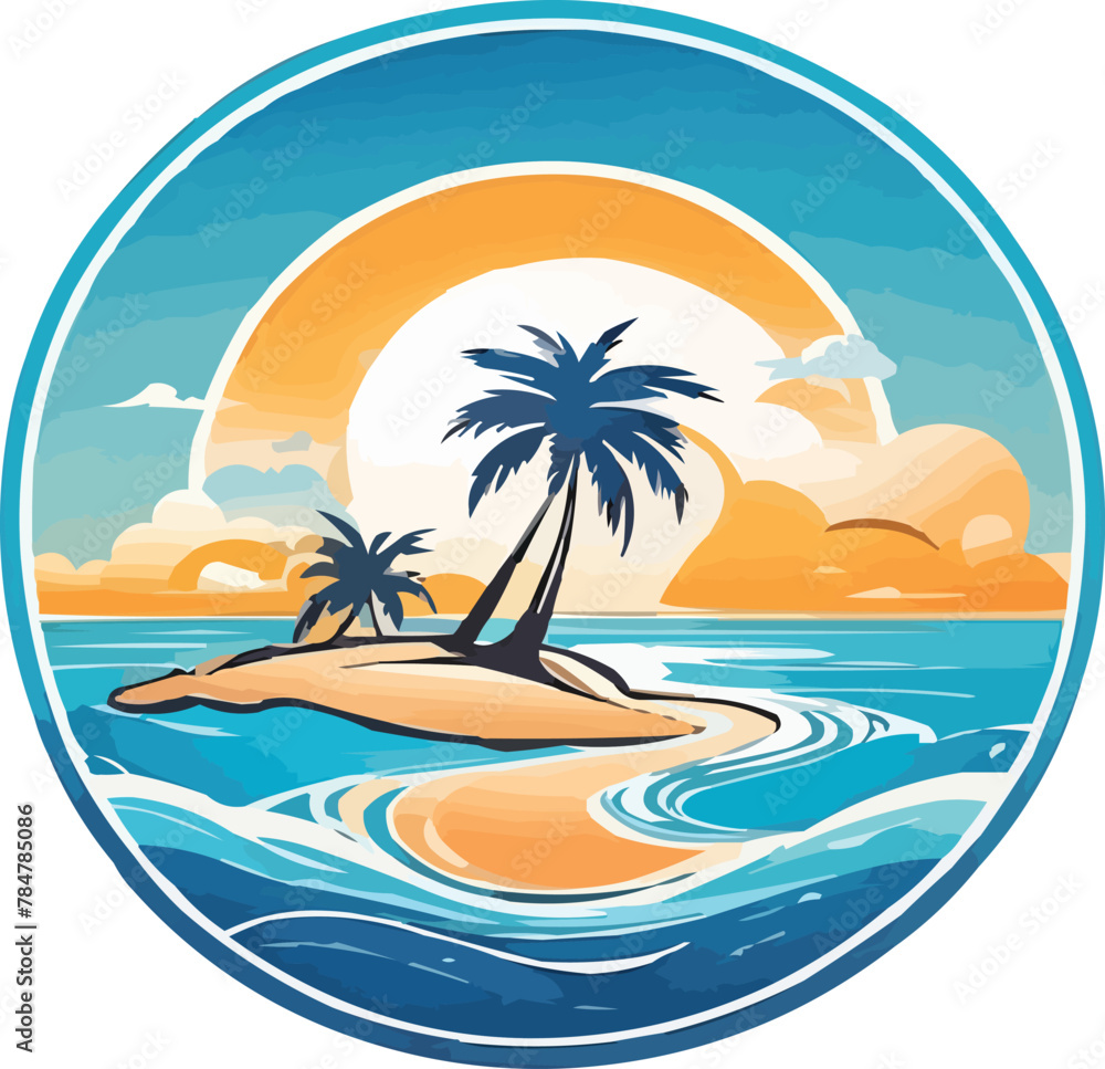 Beach resort logo featuring palm trees, waves, and sun, perfect for a summer getaway. Beach resort logo featuring palm trees, waves, and sun, perfect for a summer getaway.