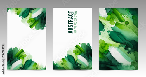 Set of modern green covers with abstract painting spots overlaid on white background. Brushwork pattern template for original flyer, bookleet, brochure, business card, packaging.