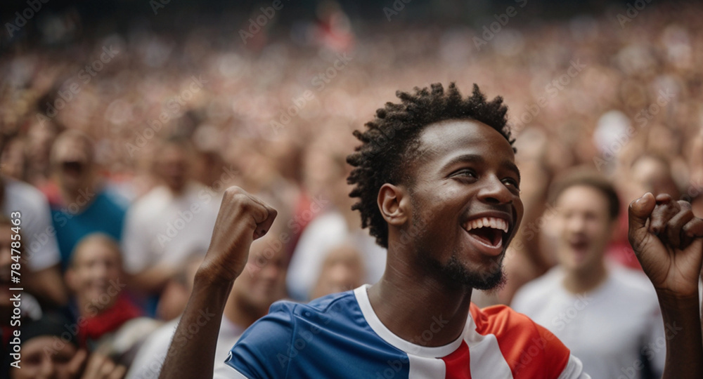 Young man cheering at the sport game from audience, moments of celebration, crowd reactions to game-changing decisions and people showing team spirit through chants and cheers.