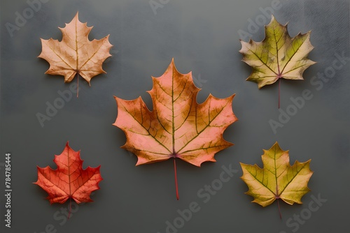Vintage maple leaves on a gray background with muted autumn colors