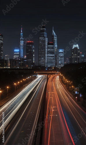 A timelapse of a big city at night, with lights twinkling and traffic flowing