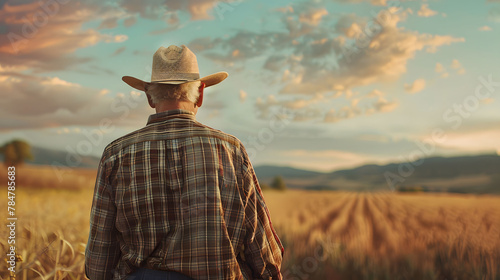 Elderly farmer in cowboy hat looking over a golden wheat field at sunset.