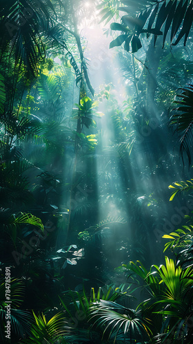 studio shot of A dense forest with sunlight streaming through the canopy, realistic travel photography, copy space for writing © Travel Stories