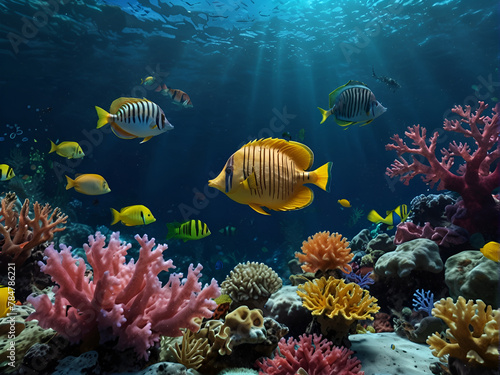 Underwater world, fish swim, coral growth, algae and other inhabitants of the underwater world