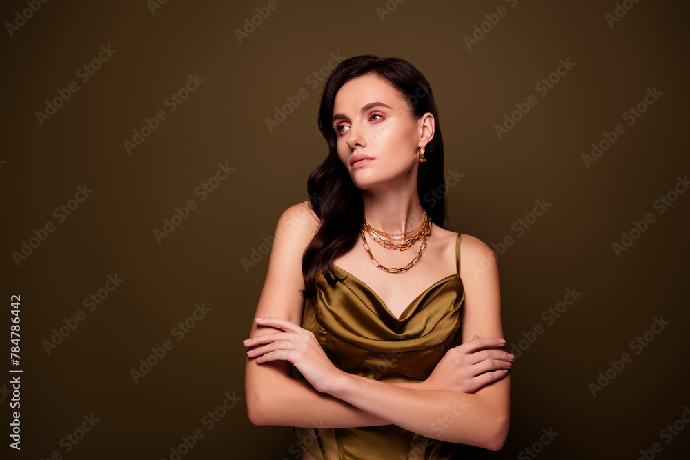 Fototapeta premium Photo of charming rich lady advertising jewelry boutique perfect necklace isolated on brown gradient color background