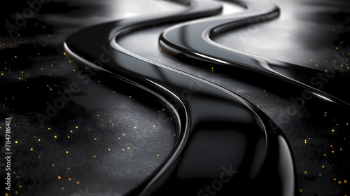 Abstract black background, night lighting, wet asphalt with two black smooth wavy figures on it