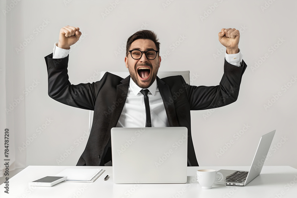 Young man happy and excited working with laptop, achieving success in business. Male celebrates victory by holding fists with her hands. Win and achievement in work, career Young man happy and excited working with laptop, achieving success in business. Male celebrates victory by holding fists with her hands. Win and achievement in work, career