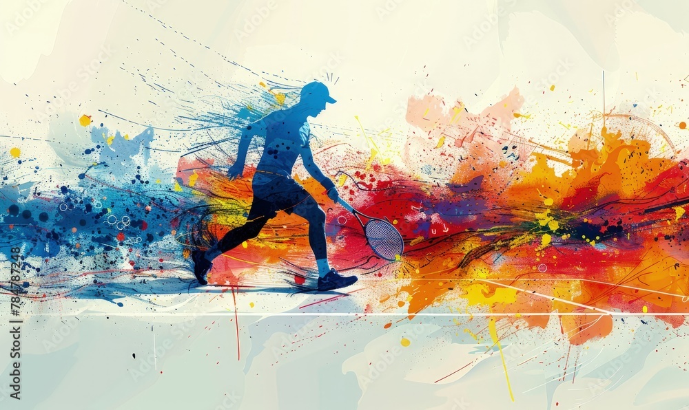 Abstract representation of a tennis match with bold graphic elements and vibrant colors