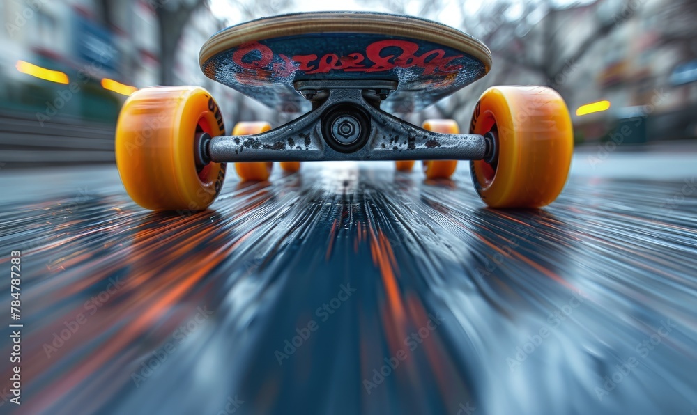 Abstract shot of skateboard trucks and wheels on a white background, blurred motion - obrazy, fototapety, plakaty 