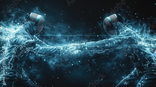 Abstract representation of a team of fencers in combat, with sharp lines and glowing effects photo
