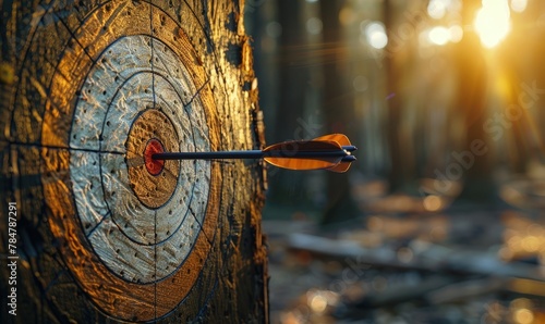 Archery target with arrows hitting bullseye, sunlight filtering through trees, precise shot photo
