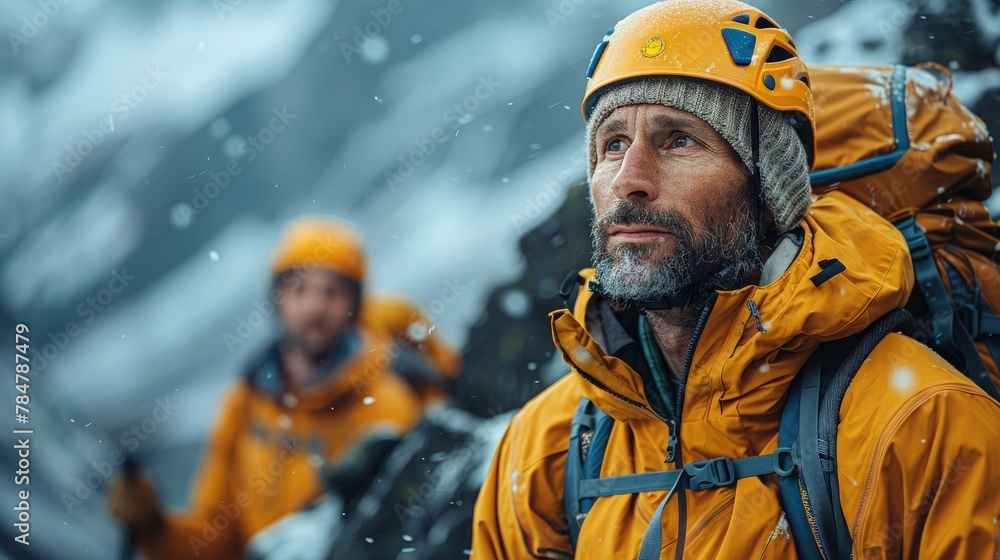 Climbing coach guiding a climber on a rock face, rugged mountain terrain Climbing coach guiding a climber on a rock face, rugged mountain terrain