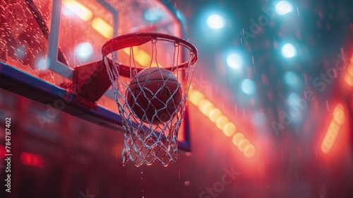 Basketball hoop with a ball going through the net, dramatic lighting and motion blur