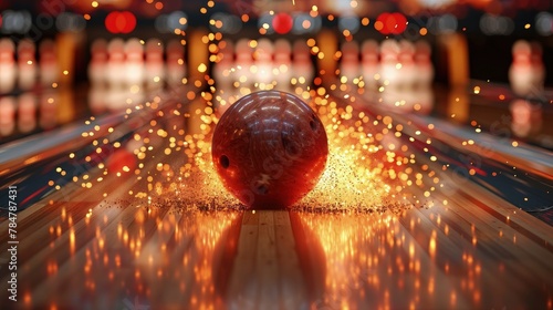 Bowling pins being knocked down by a bowling ball, dynamic action shot