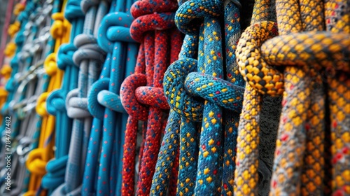 Climbing harness and ropes in a rock climbing gym, dynamic angles and bold colors