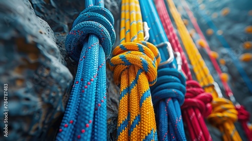 Climbing harness and ropes hanging in a rock climbing gym, dynamic angles and bold colors