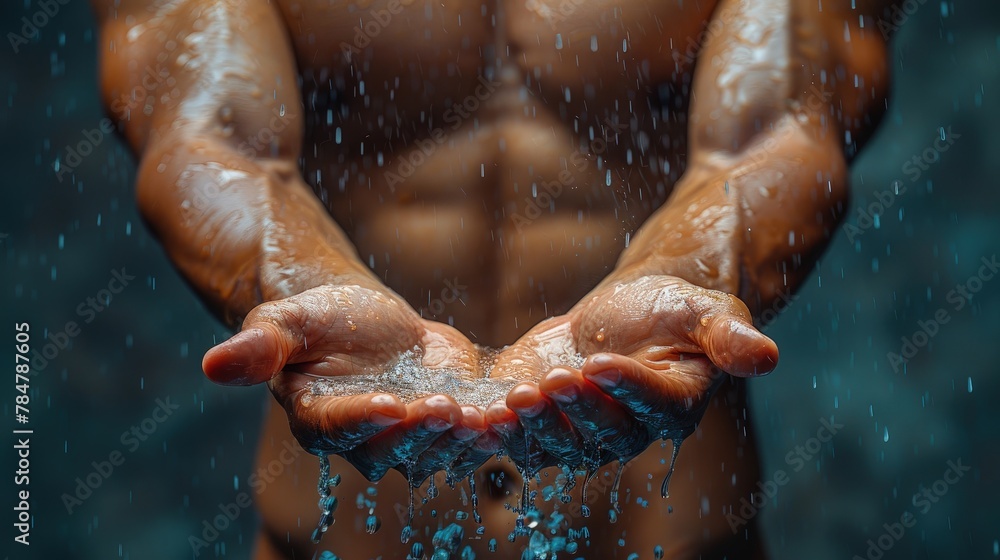 Fototapeta premium Close-up of man's hands in pilates pose, strong contrast lighting
