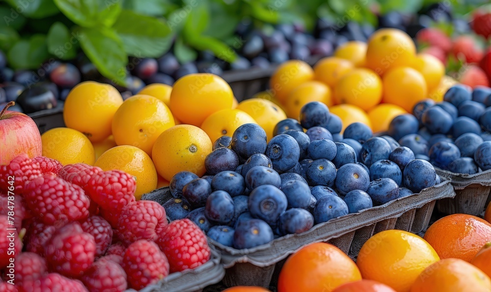Creative composition of antioxidant-rich fruits on display at a farmers market, vibrant and colorful with a focus on freshness Creative composition of antioxidant-rich fruits on display at a farmers market, vibrant and colorful with a focus on freshness