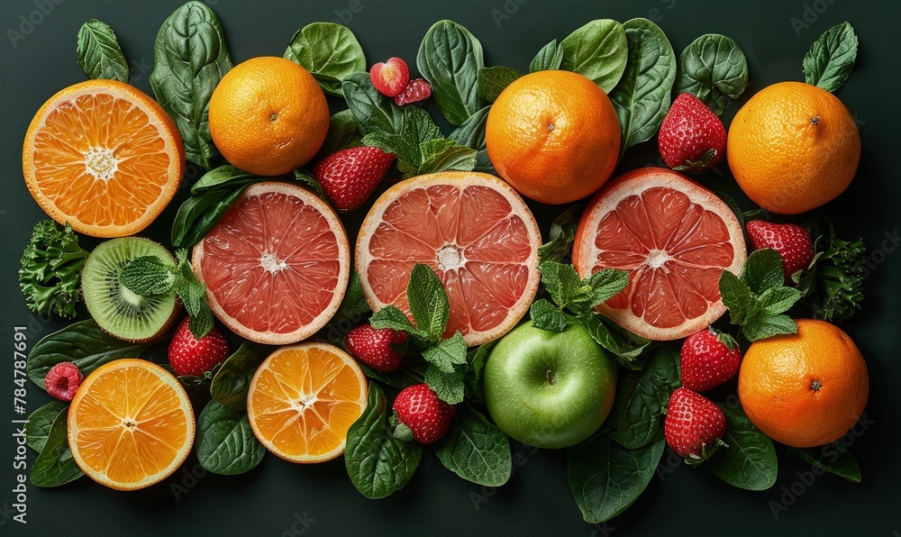 Creative composition of fresh fruits and vegetables used in sports nutrition, arranged in a visually appealing pattern showcasing the nutrition content