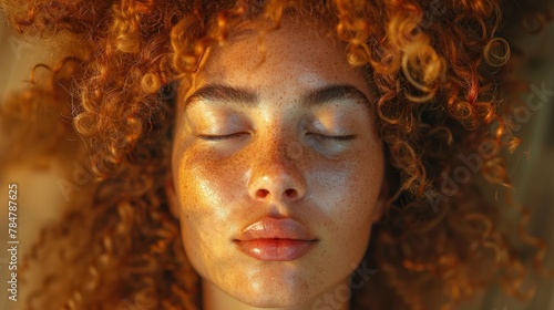 Close-up of woman's face in meditation pose, serene expression, blurred background photo