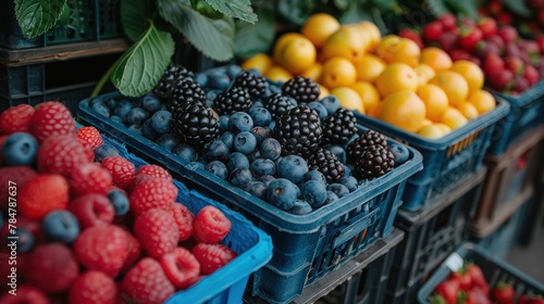 Creative composition of antioxidant-rich fruits on display at a farmers market, vibrant and colorful © Gefo