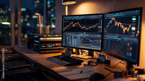 Seasoned Stock Market Player: Detailed Study of Investment Charts on Dual Monitors