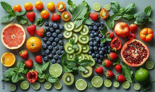 Creative composition of fresh fruits and vegetables used in sports nutrition, arranged in a visually appealing pattern photo