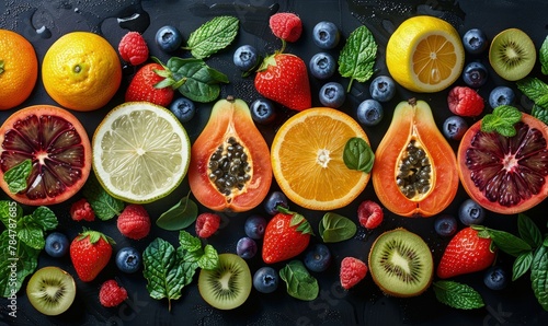 Creative composition of fresh fruits and vegetables used in sports nutrition, arranged in a visually appealing pattern showcasing the nutrition content photo