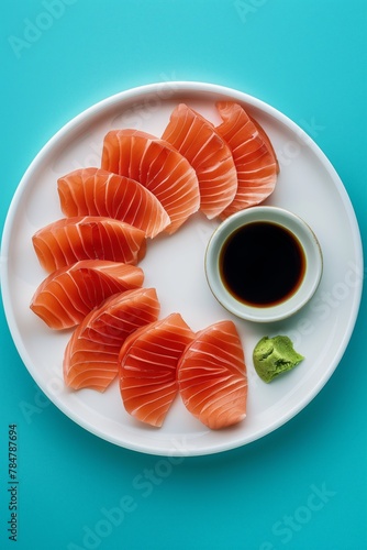 Salmon Sashimi Elegance with Wasabi and Soy Sauce on Blue Background
