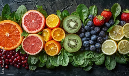 Creative composition of fresh fruits and vegetables used in sports nutrition  arranged in a visually appealing pattern