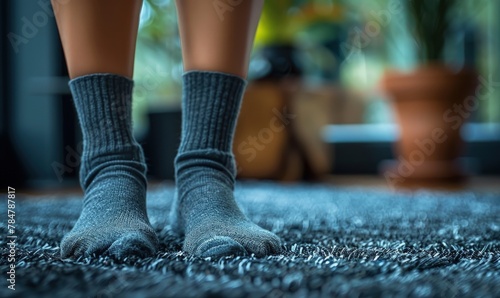 Detail shot of woman's feet in pilates socks, textured studio floor photo