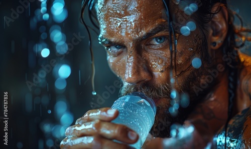 Dramatic photo of a fitness model taking a post-workout recovery supplement, intense expression