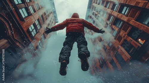 Dramatic low angle shot of a base jumper leaping off a bridge, capturing the moment of sheer exhilaration photo