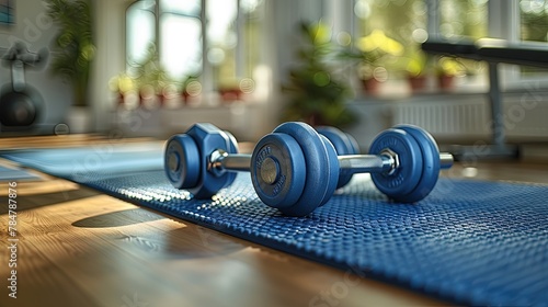 Dumbbells and exercise mat in a minimalist home gym, clean and modern aesthetic