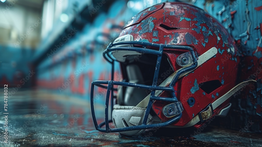 Football helmet and shoulder pads in a locker room, dramatic shadows Football helmet and shoulder pads in a locker room, dramatic shadows