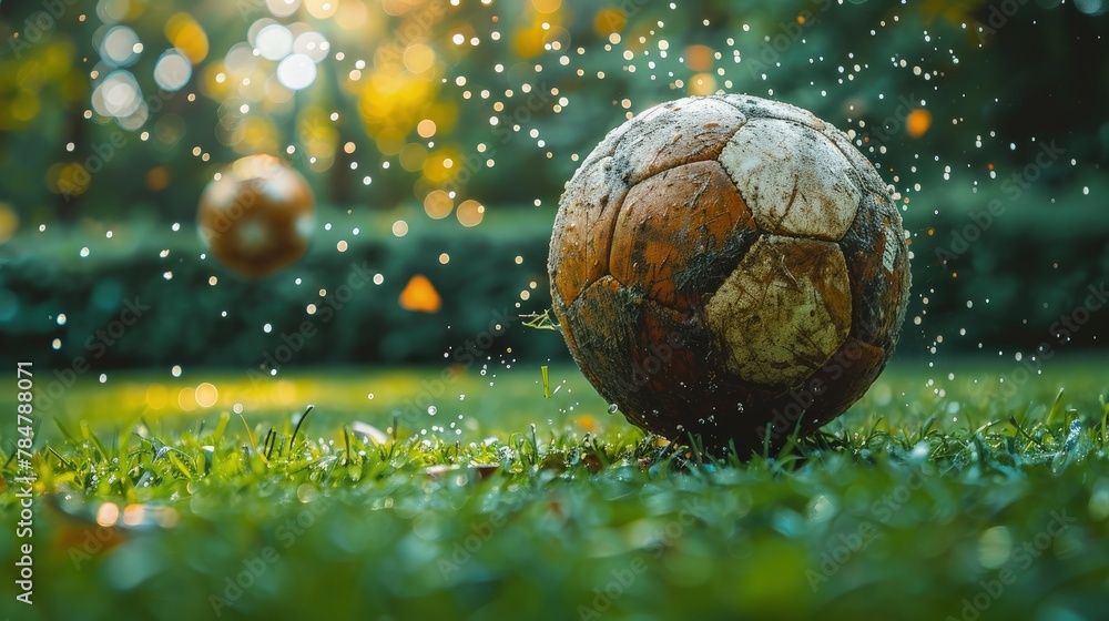 Fototapeta premium Football in mid-air after a kick, motion blur and vibrant green grass field