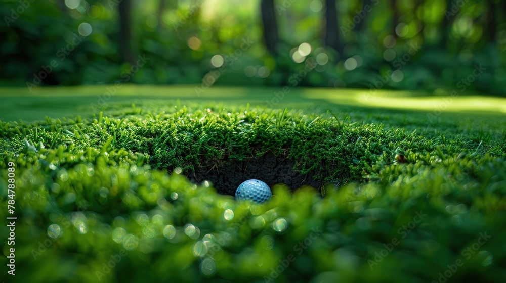 Golf ball rolling into the hole on a lush green course, hole in one Golf ball rolling into the hole on a lush green course, hole in one