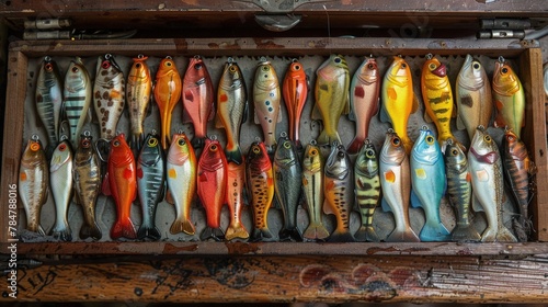 Fishing tackle box filled with shiny lures, ready for a day on the water photo
