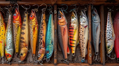 Fishing hooks and lures in a tackle box, ready for a day on the water photo